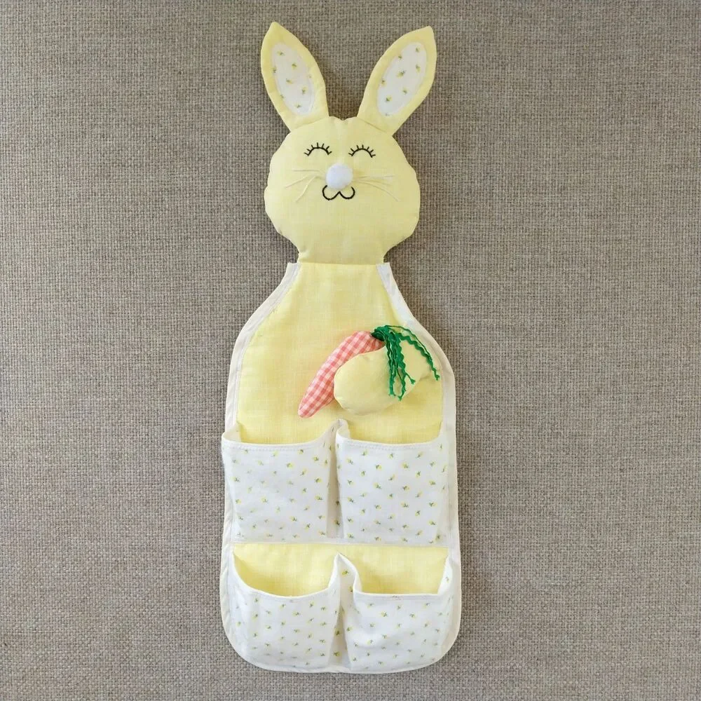 Vintage Nursery Fabric Hanging Baby Crib Storage Organizer  Pockets Yellow Bunny